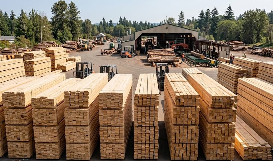 Boston Lumber yard at 37 Linden St, Medford, MA showing organized lumber inventory and processing facility