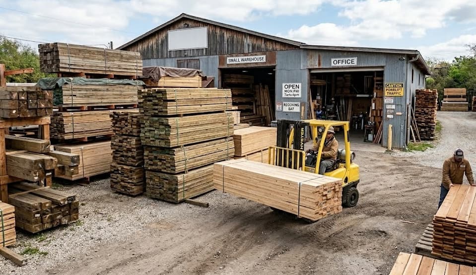 Reclaimed lumber being processed and graded